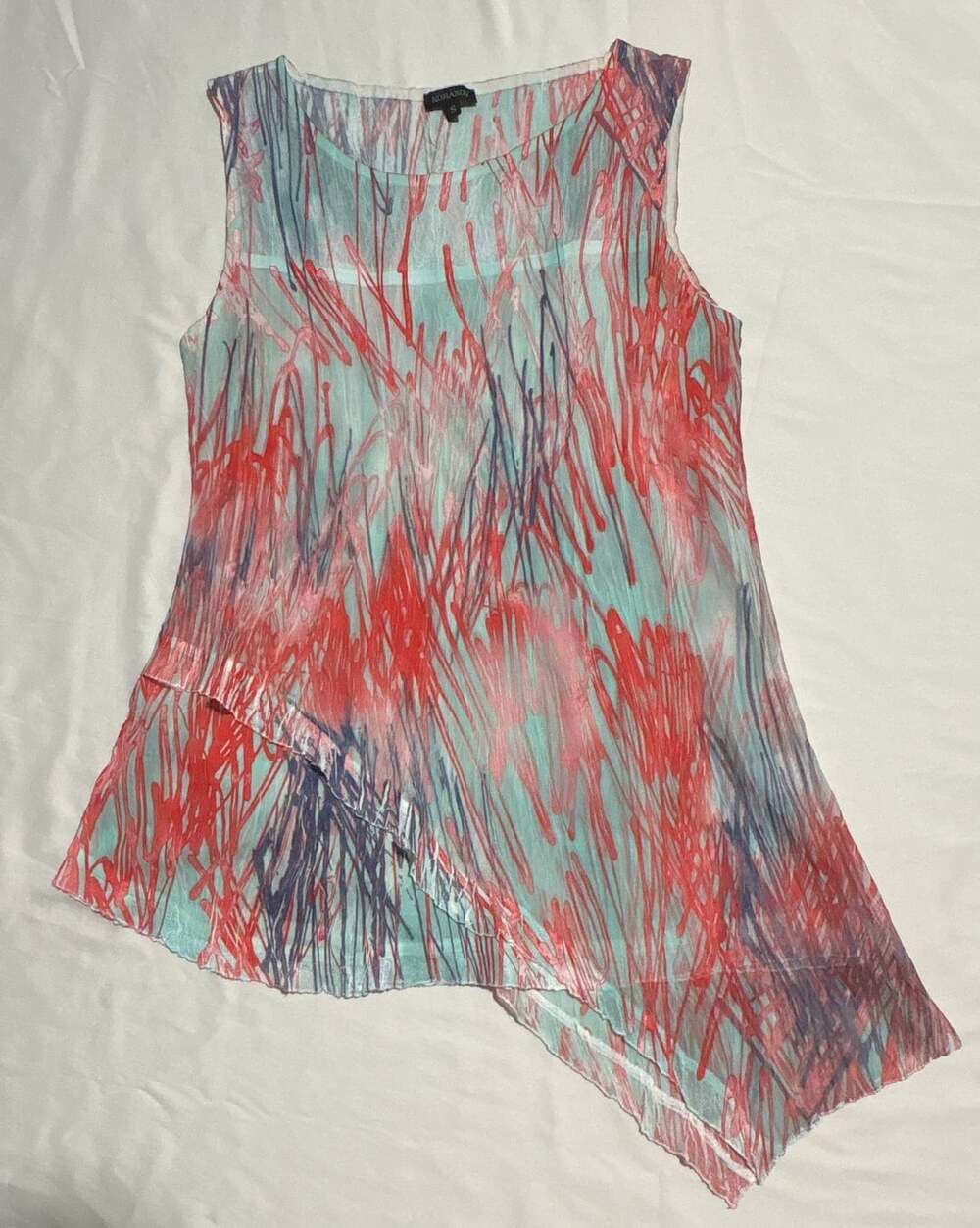 Komarov Women's Size S Crinkle Sleeveless Asymmetrical Top Blue Red Abstract Pri